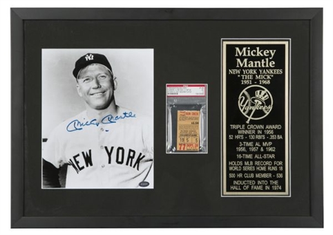 Mickey Mantle Final Game Ticket Stub and Signed Photo Display
